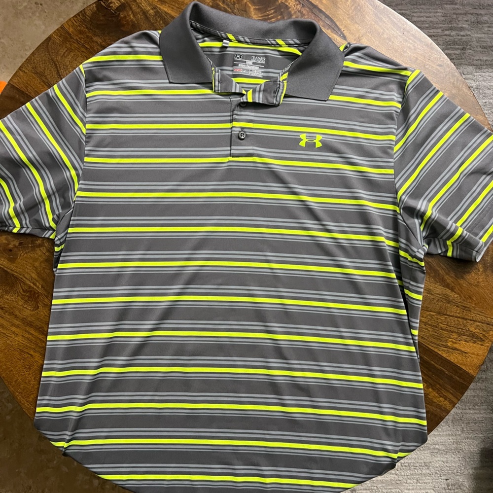 Under Armour Men's Polo Shirt - Gray with Yellow Stripes